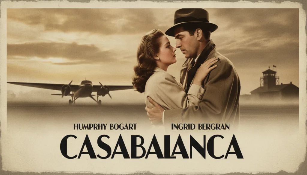 A movie poster for the film Casablanca featuring Humphrey Bogart and Ingrid Bergman