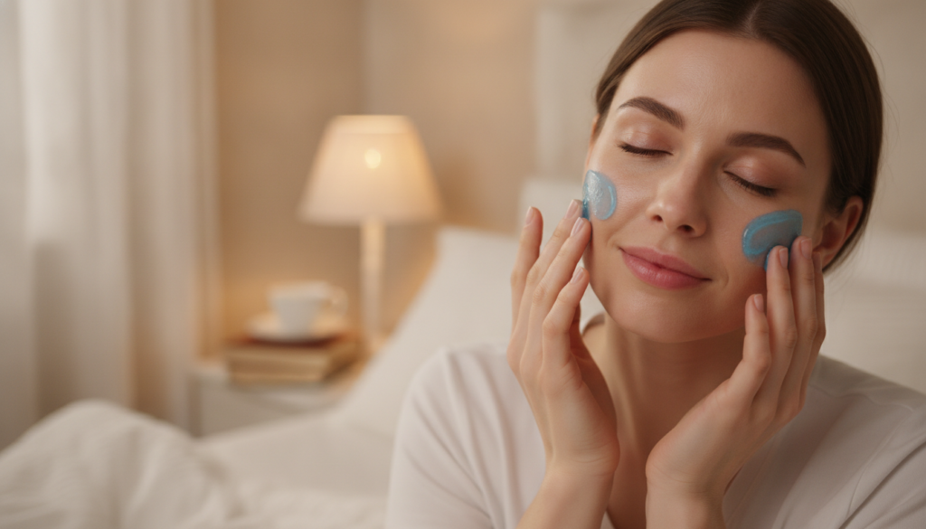 A woman with clear radiant skin gently applying the blue DIY collagen night gel to her face before bed with soft ambient