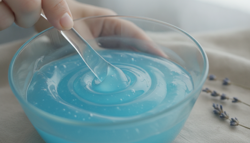 A close-up of hands gently stirring the blue DIY collagen night gel in a glass bowl with a small spatula showing its smo