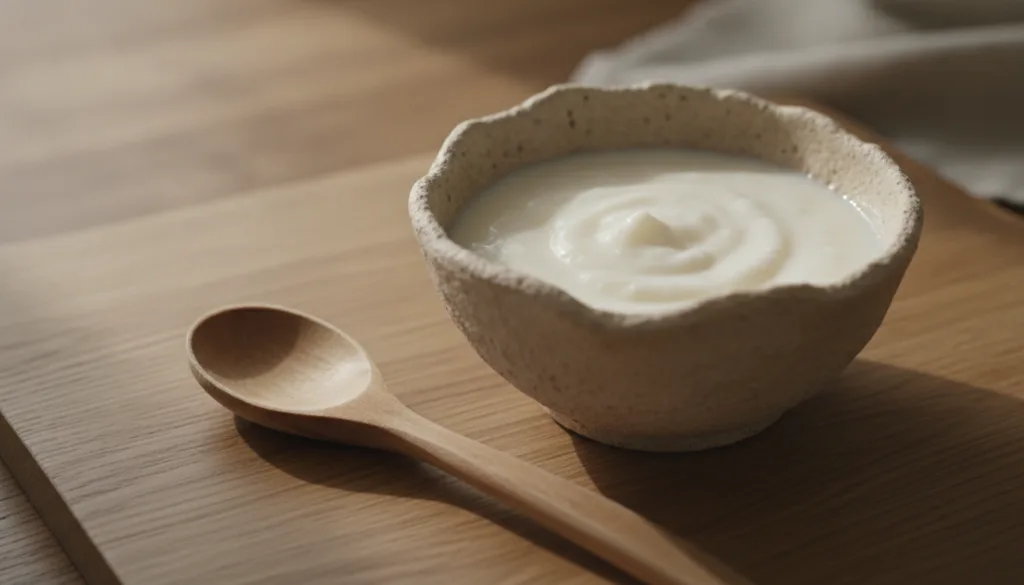 A close-up of a small rustic ceramic bowl containing a creamy white paste made from rice flour and milk with a wooden sp