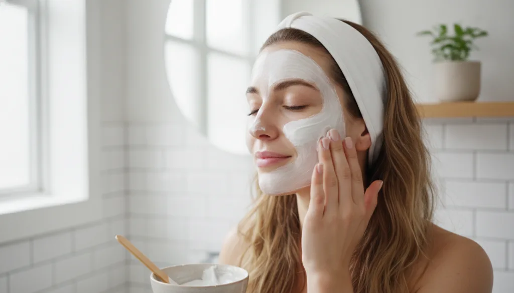 A woman with natural radiant skin applying a white creamy face mask to her cheek with her fingertips in a brightly lit b
