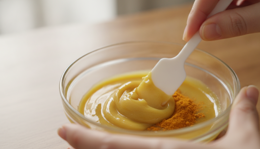 Close-up shot of a small bowl where Vaseline and turmeric powder are being mixed with a spatula showing the creamy yello