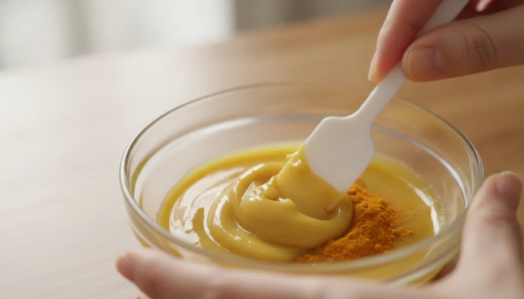 Close-up shot of a small bowl where Vaseline and turmeric powder are being mixed with a spatula showing the creamy yello