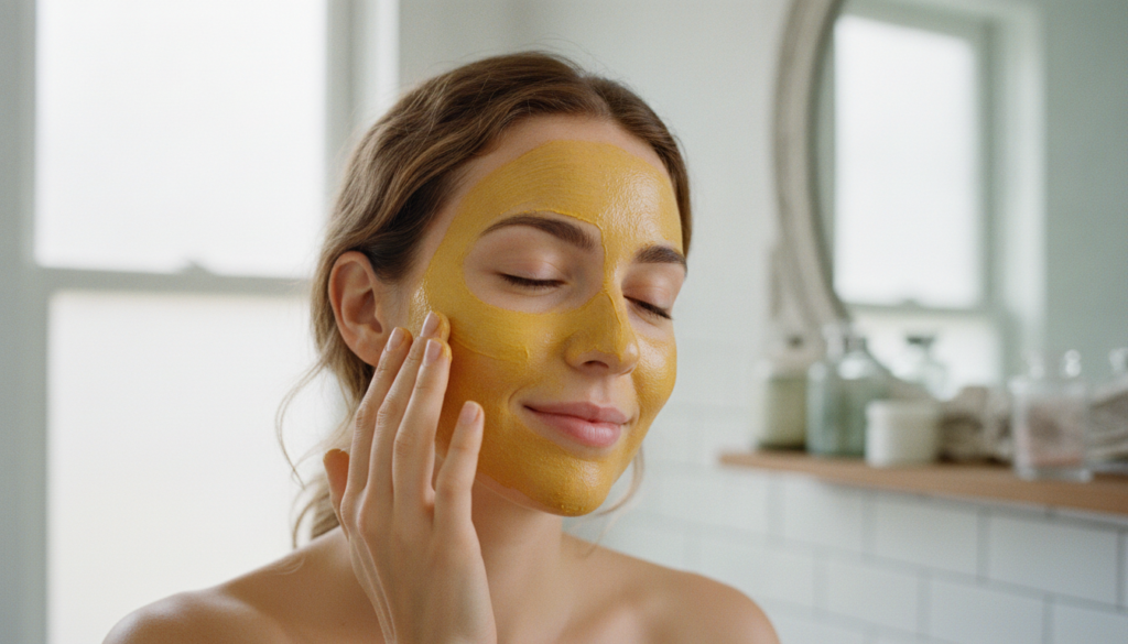 A woman gently applying a thin layer of the yellow Vaseline and turmeric mask to her cheek in a clean bathroom setting