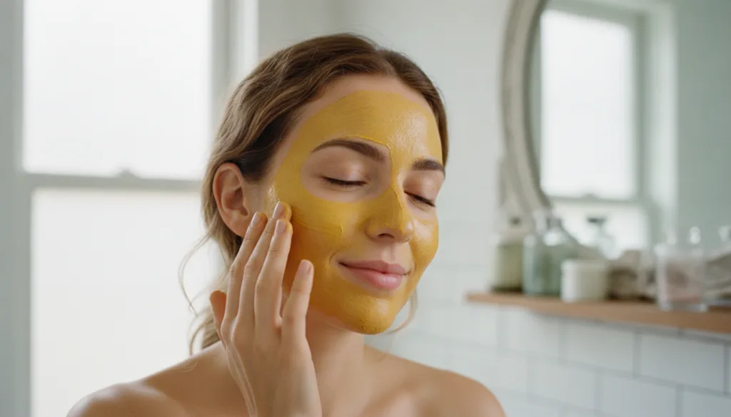 A woman gently applying a thin layer of the yellow Vaseline and turmeric mask to her cheek in a clean bathroom setting