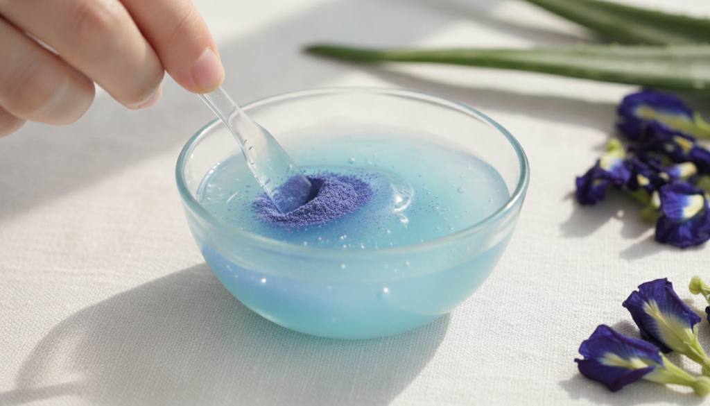 Close-up of a person gently mixing blue butterfly pea flower powder into clear aloe vera gel in a small glass bowl with 