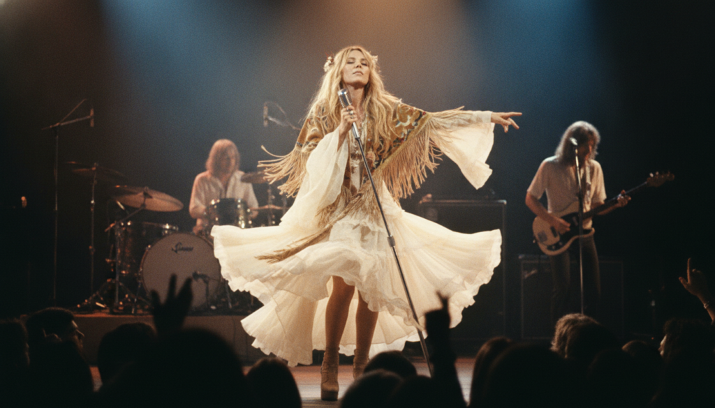 A real archival photo of Stevie Nicks performing live with Fleetwood Mac in the 1970s showcasing her iconic stage presen