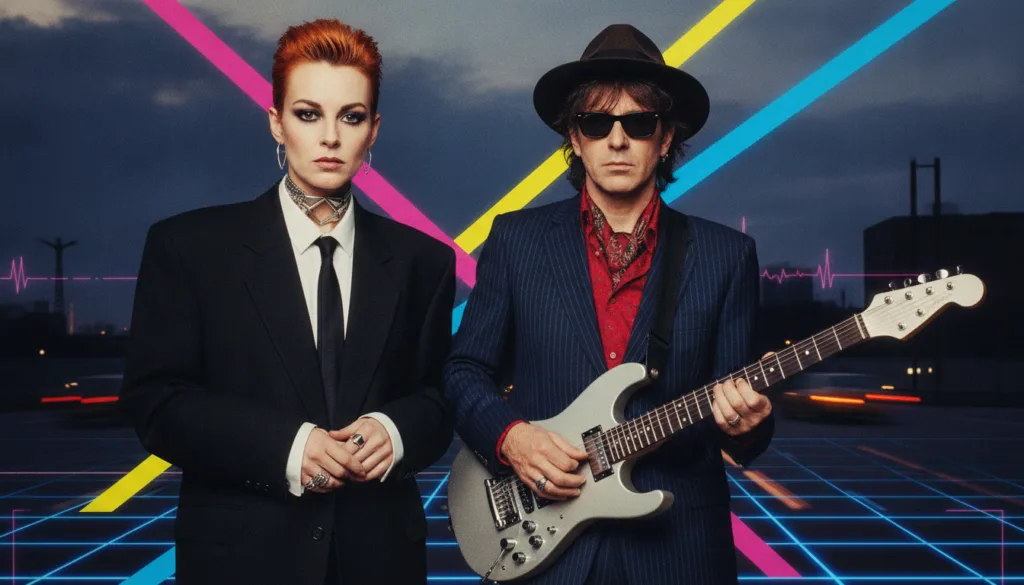 A real album cover or promotional image for Eurythmics from the 1980s featuring Annie Lennox and Dave Stewart The image 