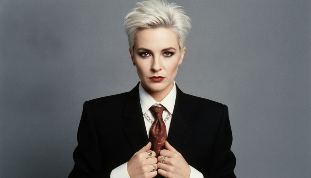 A real publicity photo of Annie Lennox from the 1980s showcasing her distinctive short spiky hair and bold fashion She i