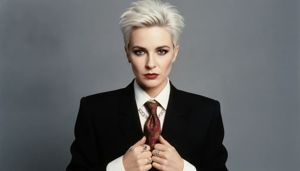A real publicity photo of Annie Lennox from the 1980s showcasing her distinctive short spiky hair and bold fashion She i