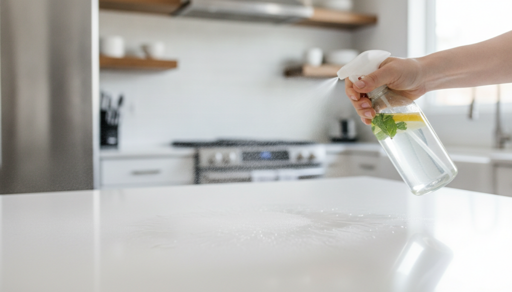 A hand holding a spray bottle filled with a homemade cleaning solution spraying it onto a kitchen counter The counter is