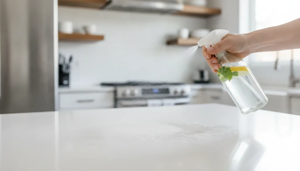 A hand holding a spray bottle filled with a homemade cleaning solution spraying it onto a kitchen counter The counter is