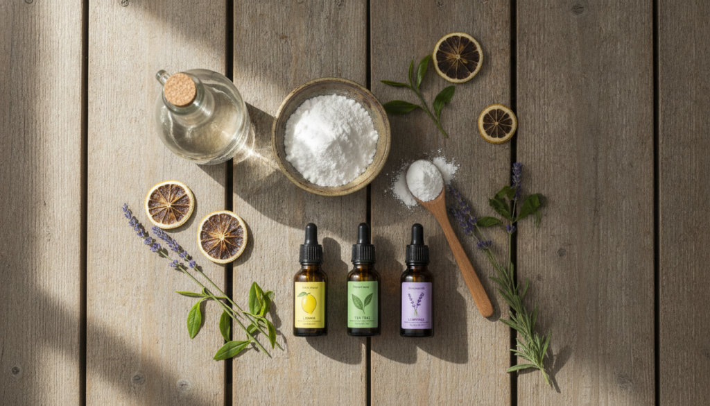 A collection of natural cleaning ingredients white vinegar baking soda and various essential oil bottles on a wooden cou