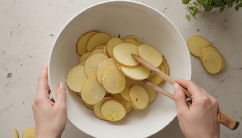 A close-up of thinly sliced raw potatoes being tossed with olive oil and sea salt in a large mixing bowl ready for bakin