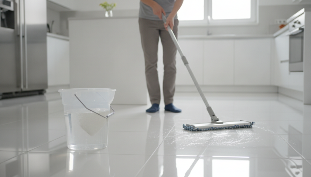 A person mopping a shiny tiled kitchen floor with a bucket containing a vinegar-water solution and a modern mop