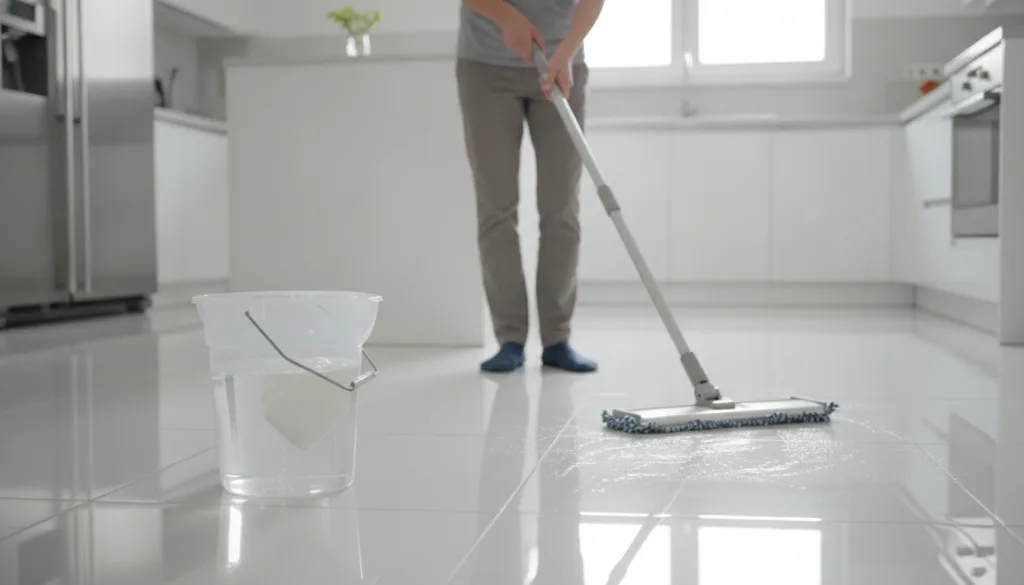 A person mopping a shiny tiled kitchen floor with a bucket containing a vinegar-water solution and a modern mop