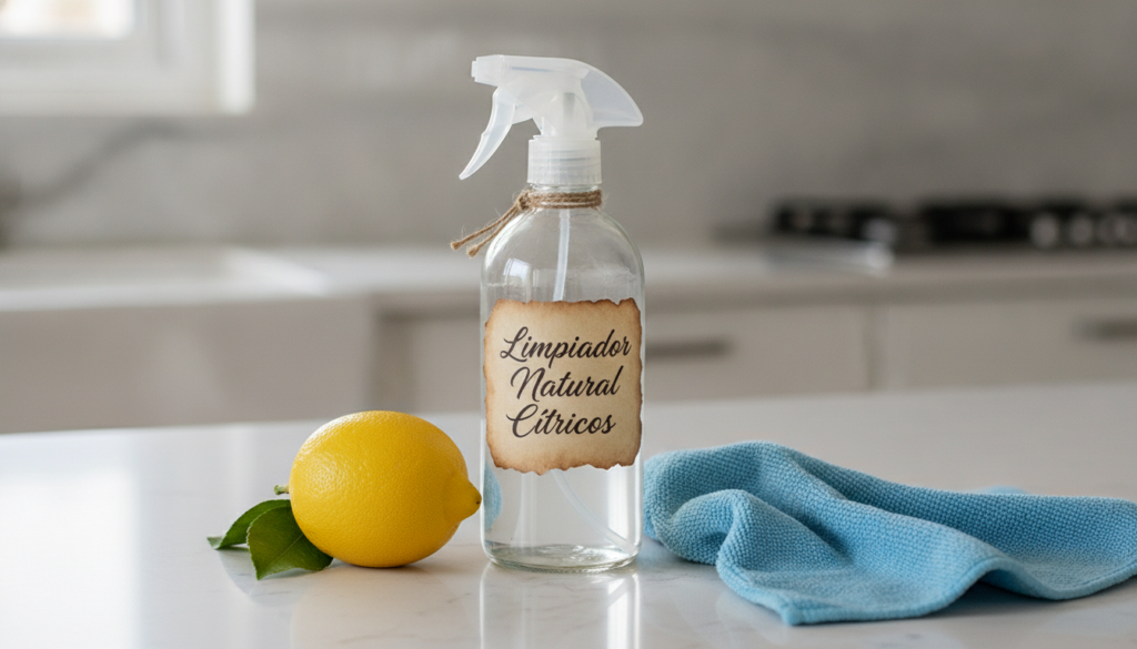 A spray bottle filled with a clear liquid labeled Homemade All-Purpose Cleaner in Spanish on a clean kitchen counter nex