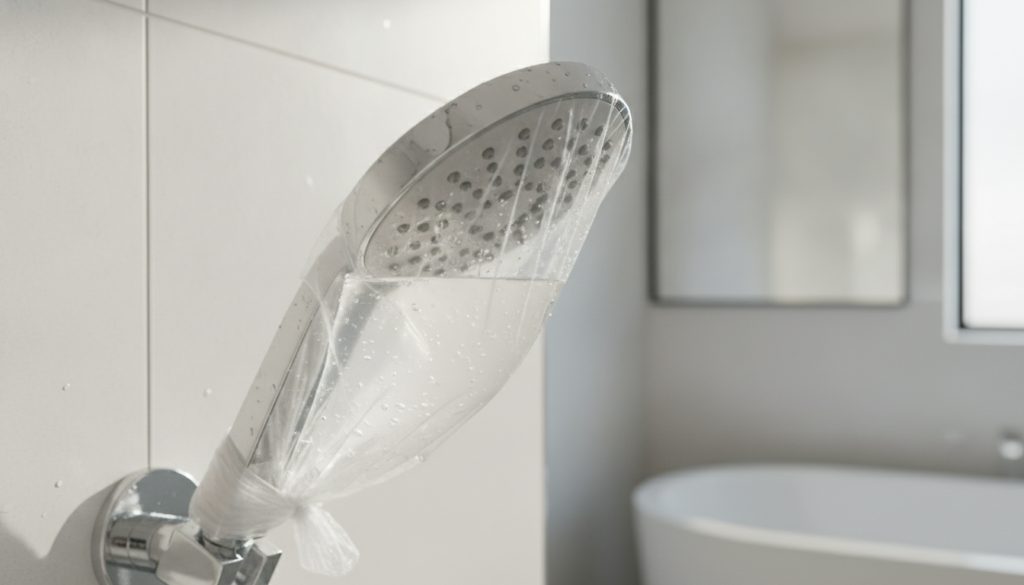A close-up of a shiny faucet in a bathroom with a plastic bag filled with vinegar wrapped around the showerhead to remov