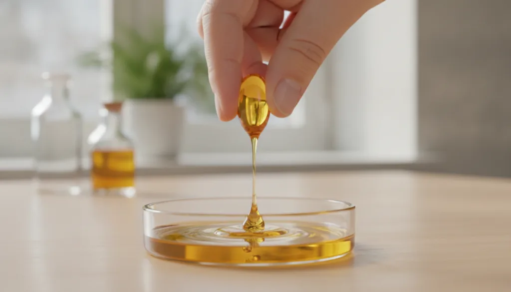 A close-up of a hand squeezing oil from a clear Vitamin E capsule into a small dish of carrier oil