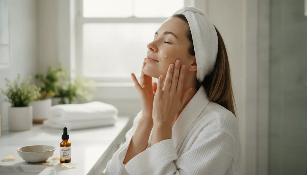 A woman gently massaging a small amount of the homemade oil blend onto her clean face with her fingertips