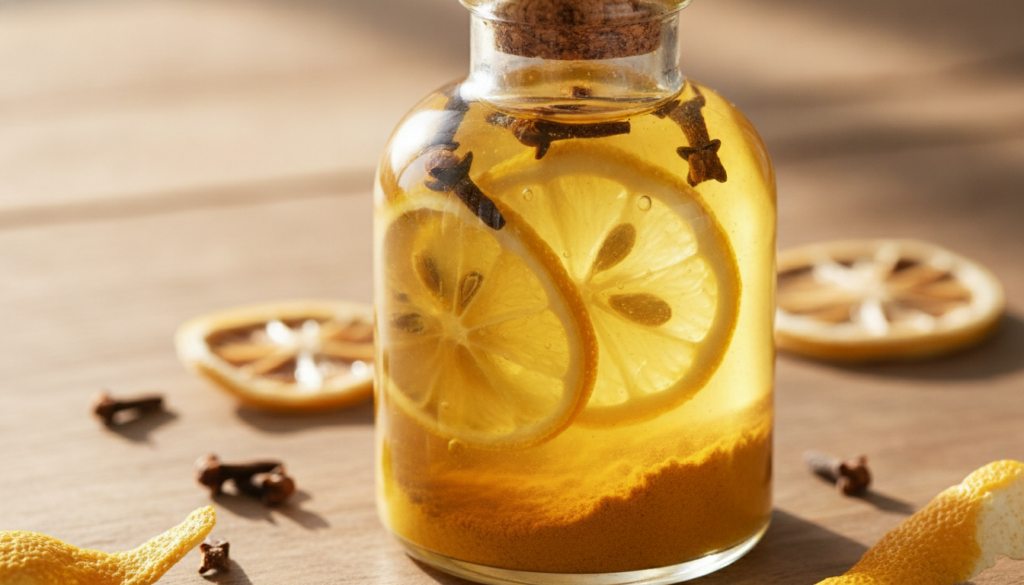 A close-up of a DIY baby oil blend in a clear bottle with cloves lemon slices and turmeric powder settled at the bottom