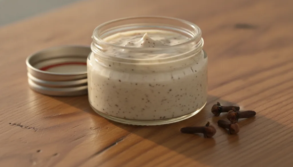 A small jar of Vaseline mixed with a tiny amount of ground clove with whole cloves scattered nearby
