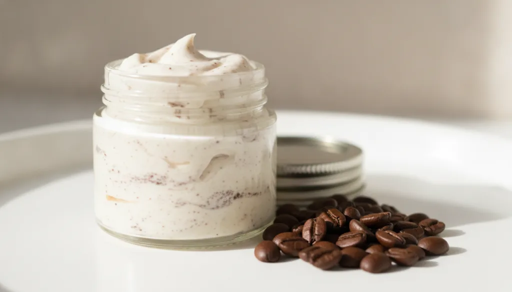 A close-up of a small jar containing a mixture of Vaseline and coffee grounds with coffee beans scattered around