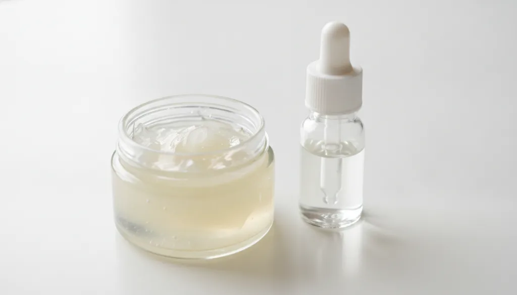 A small jar containing a glossy mixture of Vaseline and baby oil with a dropper bottle of baby oil next to it