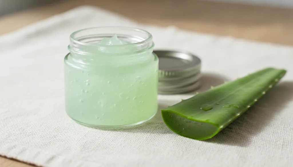 A small jar containing a green-tinted mixture of Vaseline and aloe vera gel with an aloe leaf segment nearby