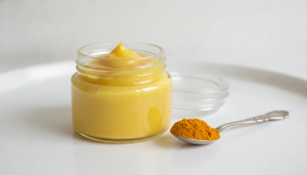 A small jar containing a bright yellow mixture of Vaseline and turmeric with a spoonful of turmeric powder