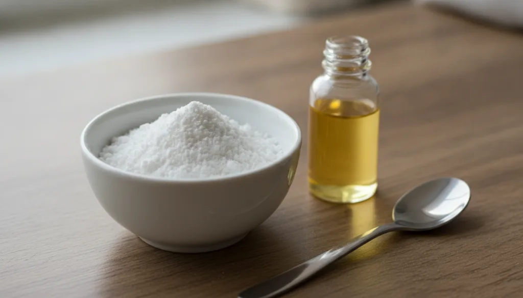 A close-up of a small bowl containing crushed white aspirin powder and a tiny bottle of baby oil with a mixing spoon nea