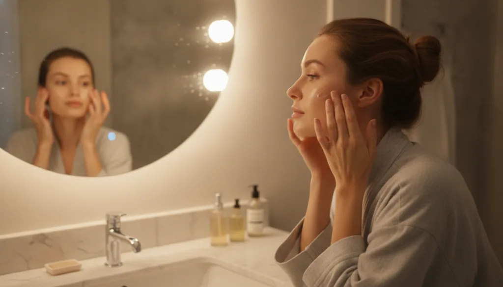 A woman gently applying a thin layer of DIY facial gel to her cheek looking in a mirror with soft warm light and a clean