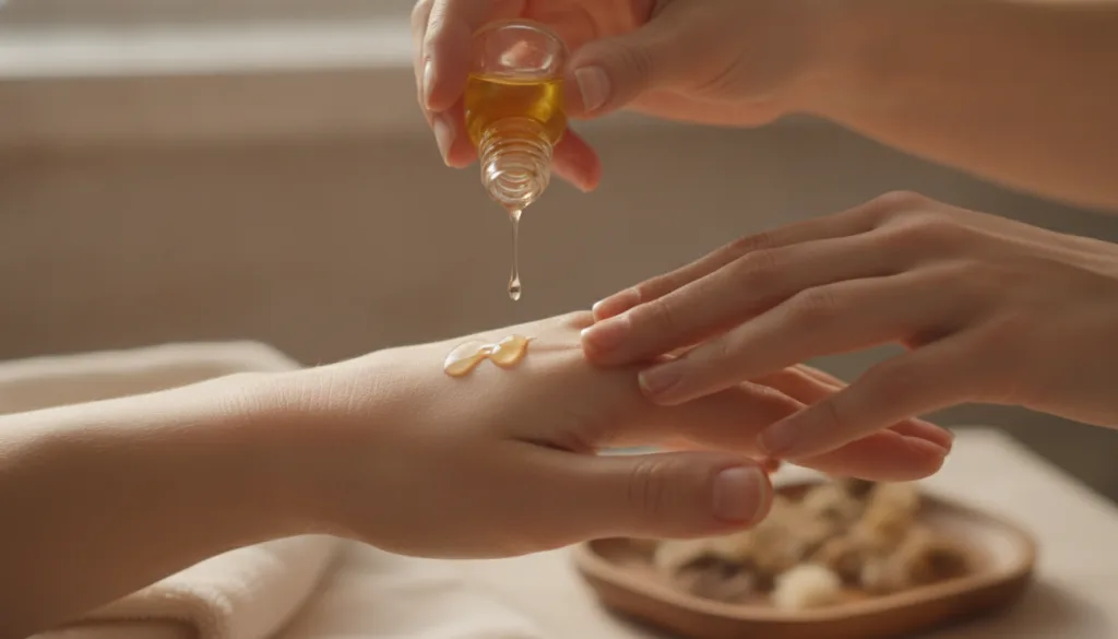 A close-up shot of a hand applying a few drops of infused baby oil onto the back of another person s hand showing the oi