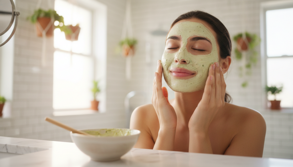 A person gently massaging a DIY blend onto their face with soft glowing skin visible The setting is a clean bathroom wit