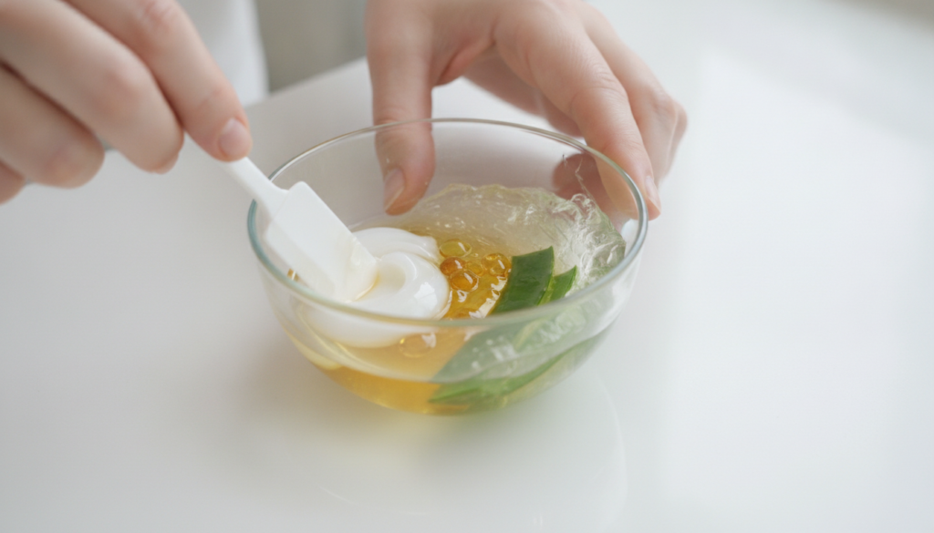 Close-up of a person gently mixing aloe vera gel petroleum jelly baby oil and vitamin E oil in a small bowl creating a s