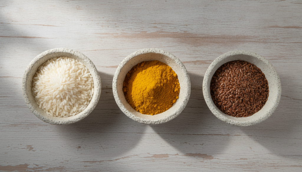 Small bowls of raw rice grains golden turmeric powder and brown flaxseeds displayed neatly ready for infusion
