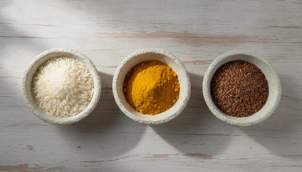 Small bowls of raw rice grains golden turmeric powder and brown flaxseeds displayed neatly ready for infusion