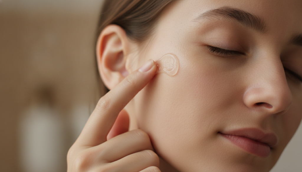 A close-up of a person gently patting a tiny amount of Vaseline onto their clean glowing face showing the application pr