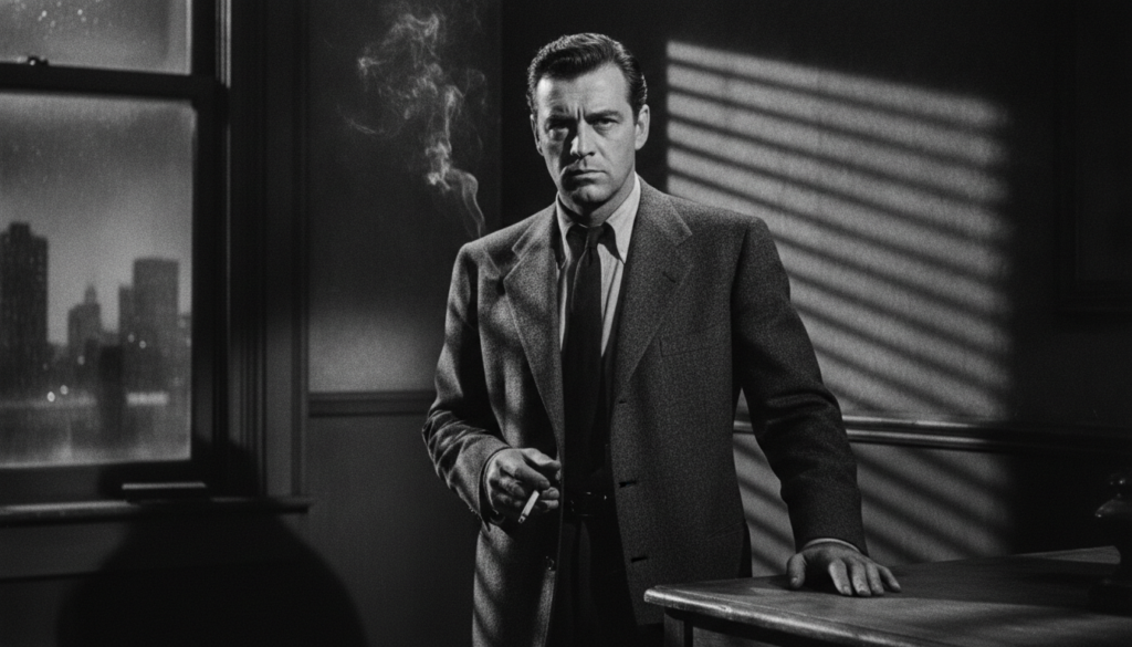 Burt Lancaster in a dramatic film noir scene looking intense and rugged