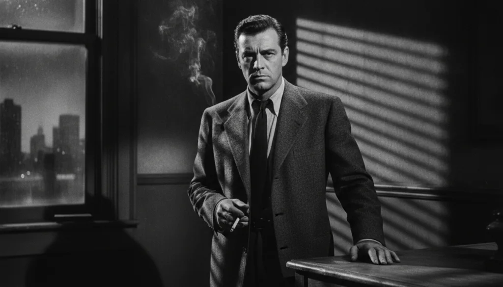 Burt Lancaster in a dramatic film noir scene looking intense and rugged
