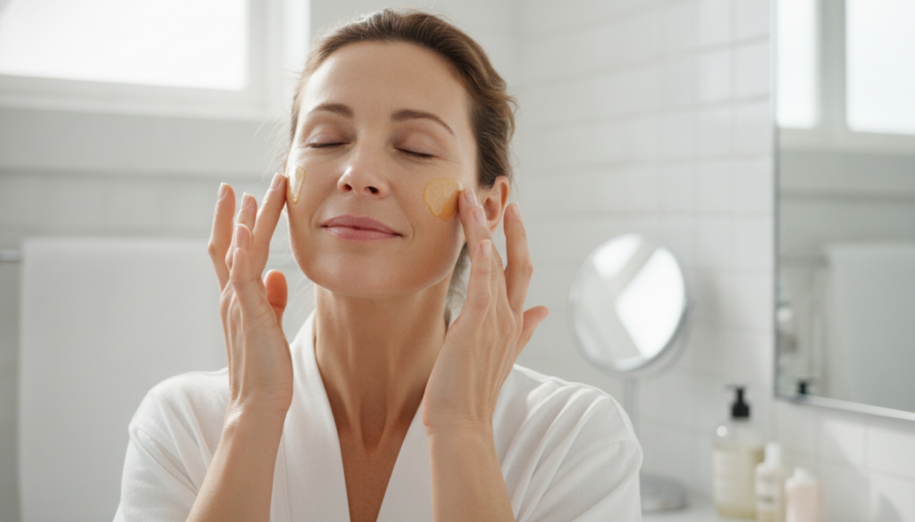 A woman in her 40s gently applying a golden-colored oil to her face with her fingertips Her skin looks smooth and has a 