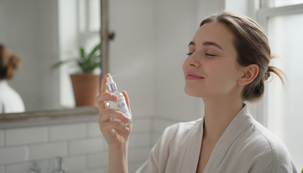 A woman gently spraying Clove Rose Water onto her face from a small glass bottle with soft natural light illuminating he