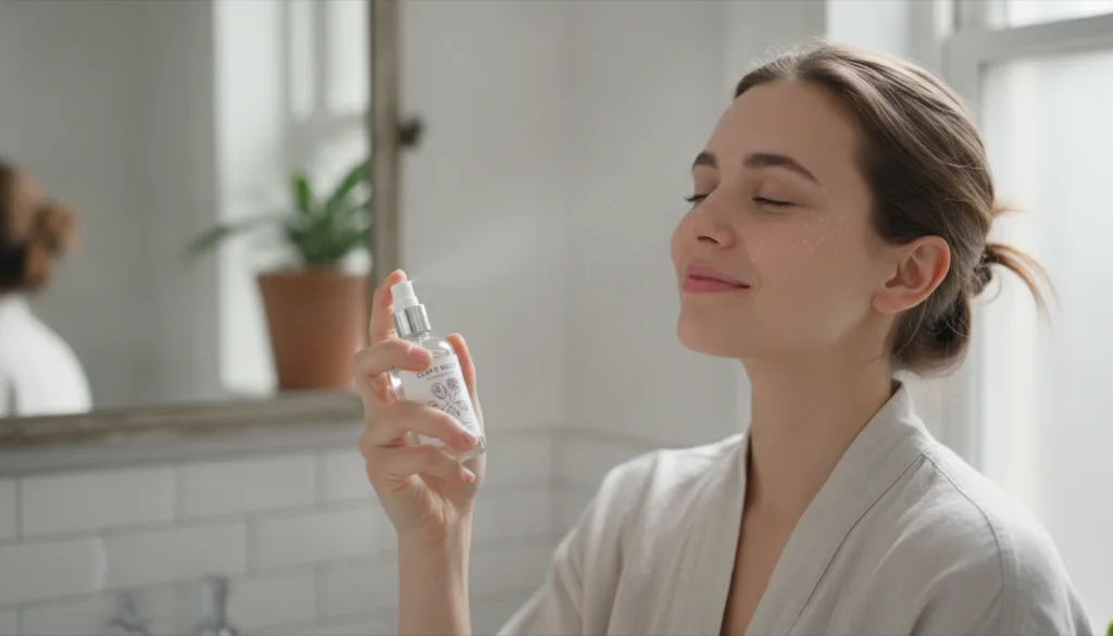 A woman gently spraying Clove Rose Water onto her face from a small glass bottle with soft natural light illuminating he