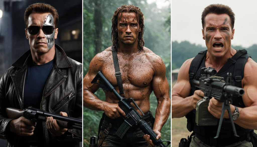 Montage of Arnold Schwarzenegger s iconic movie roles from the 80s and 90s showcasing his different intense expressions