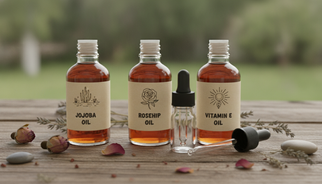 Various small bottles of natural oils jojoba rosehip vitamin E on a rustic wooden surface with a small empty glass dropp