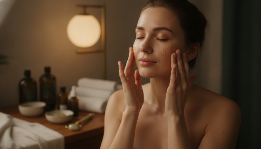 A woman gently massaging a few drops of natural facial oil onto her clean face and neck during a nighttime skincare rout