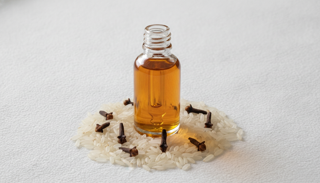 A close-up of a small elegant glass dropper bottle filled with amber-colored infused oil with dried rice grains and whol