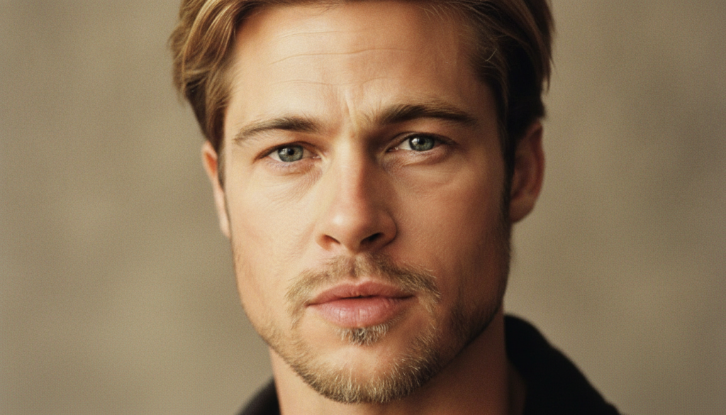 A striking headshot of a young Brad Pitt from the 1990s or early 2000s showcasing his signature square jawline golden st