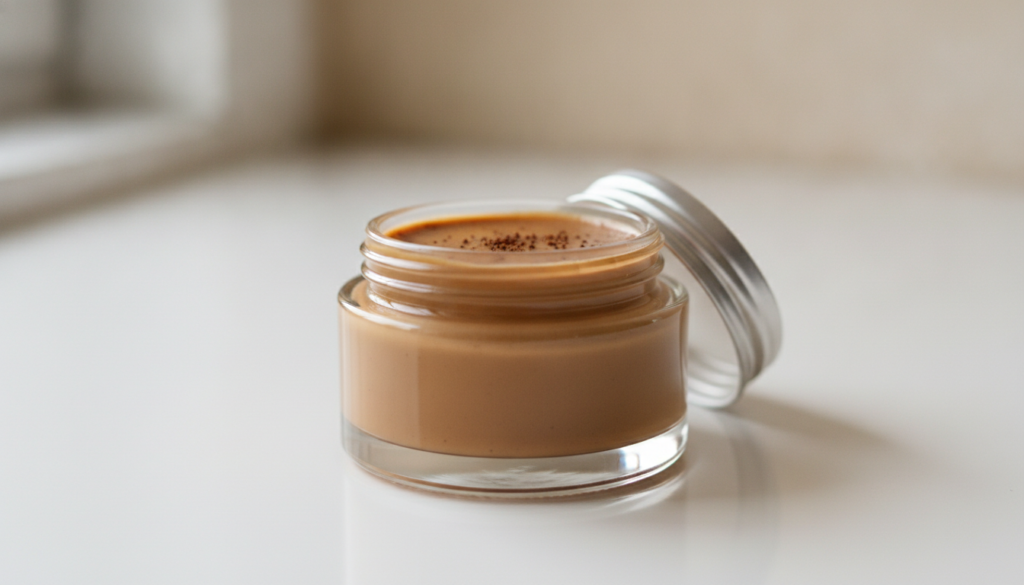 A small clear jar filled with the finished coffee botox balm showing a smooth creamy texture with visible coffee specks