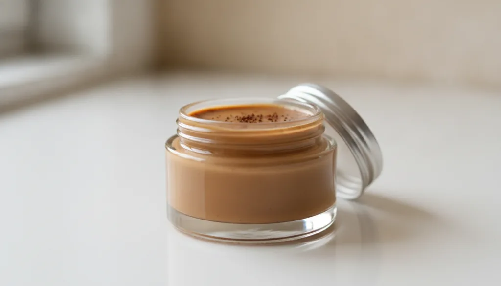 A small clear jar filled with the finished coffee botox balm showing a smooth creamy texture with visible coffee specks